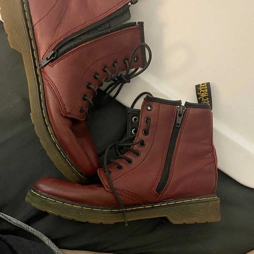 Dr. Martens Burgundy Leather Lace-Up Boots with Side Zipper